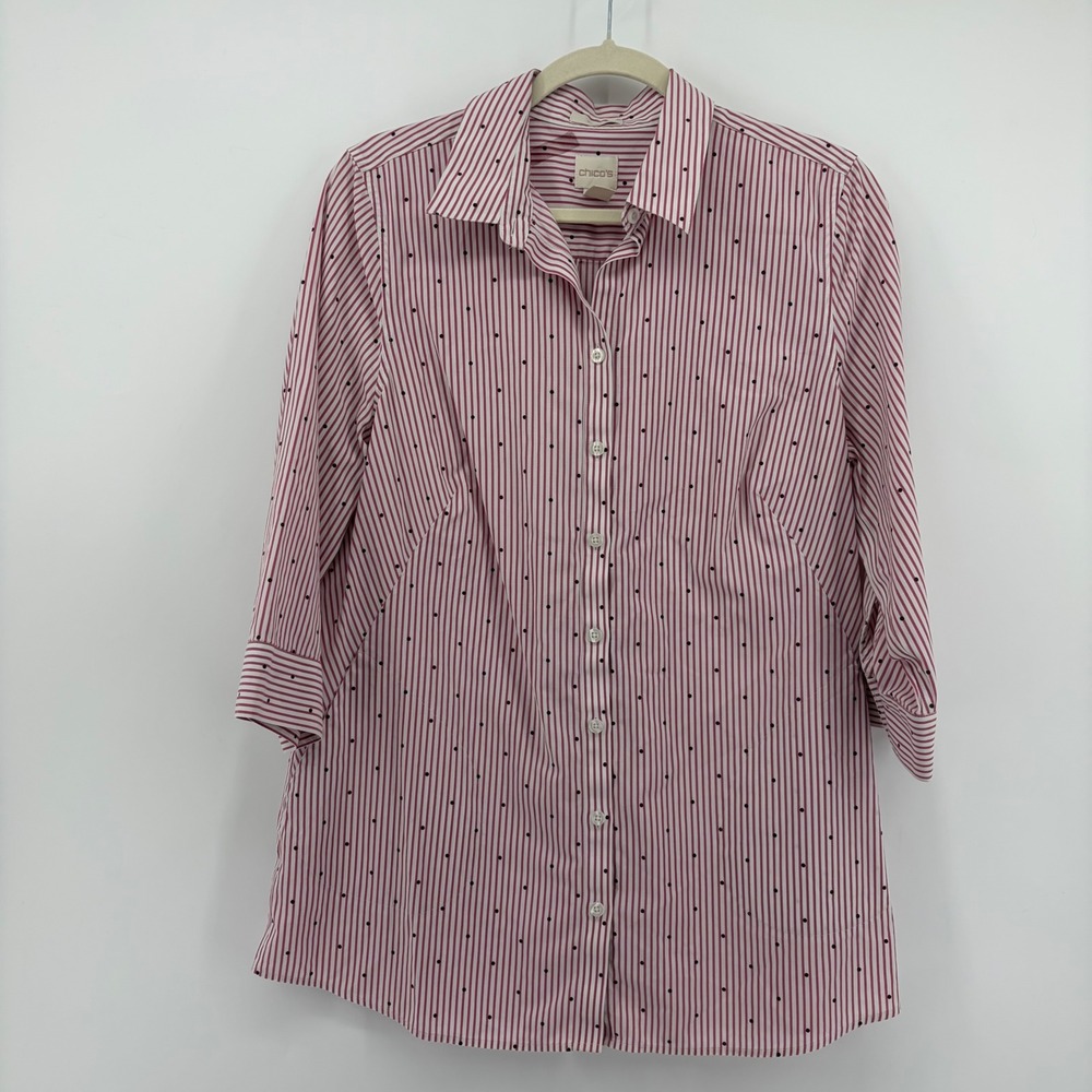 Chico's Womens 1 / M Pink Striped Polka Dot Button Down No-Iron 3/4 Sleeve Shirt